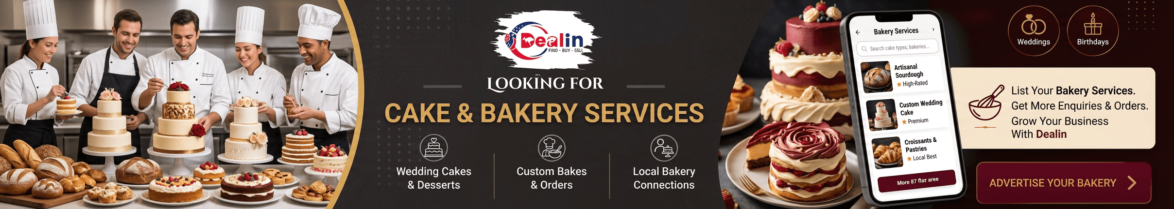 List your cake and bakery services on Dealin to get more enquiries, or find local wedding cakes and bakers in Australia