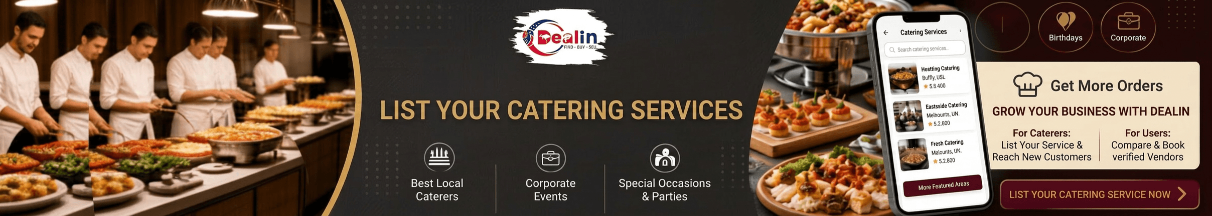 List your catering services to reach new customers on Dealin, or compare and book verified caterers in Australia