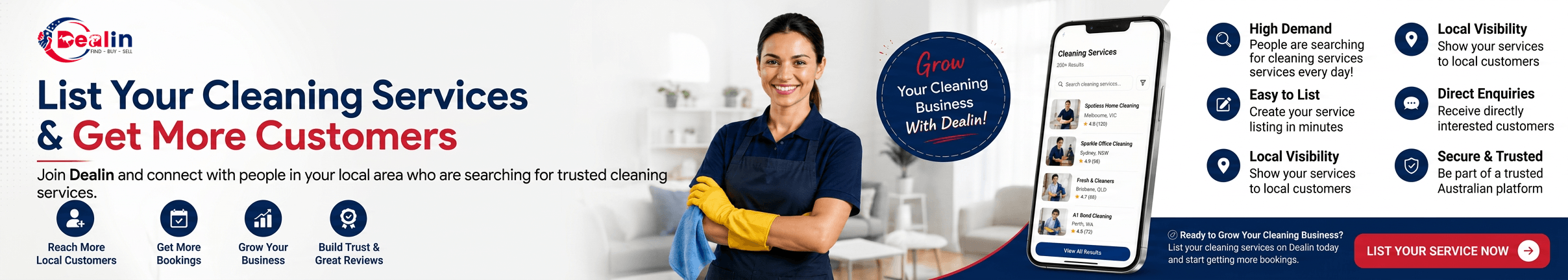 List your cleaning business and get more customers, or find trusted local cleaning services in Australia on Dealin