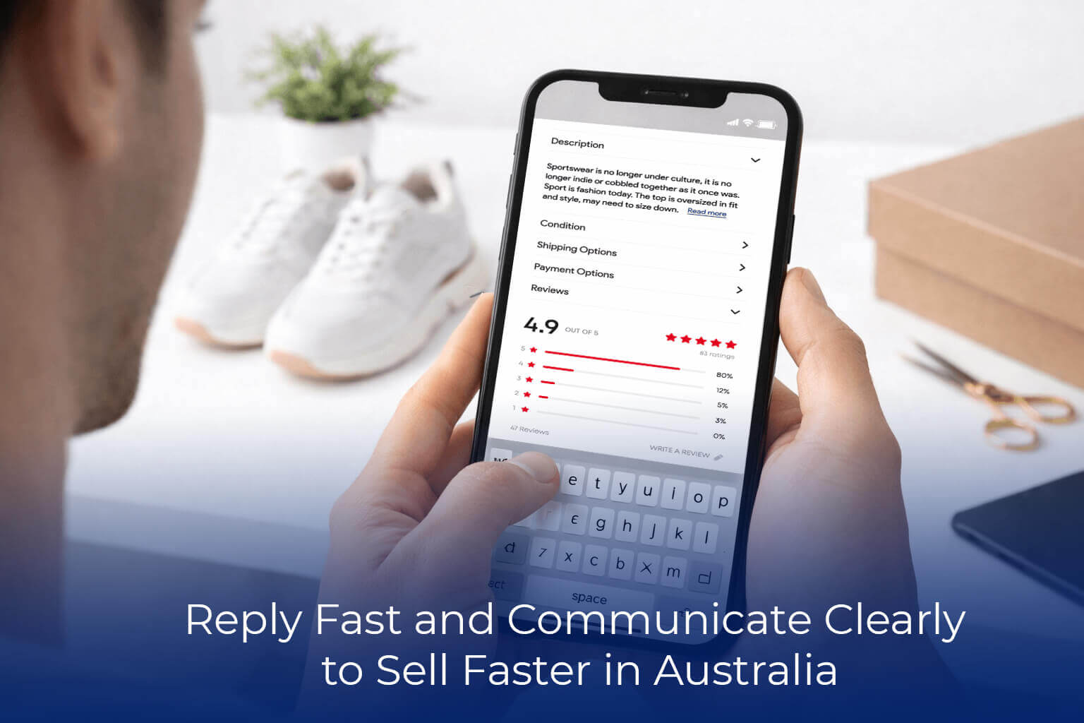 Australian seller replying quickly to a buyer message on a phone