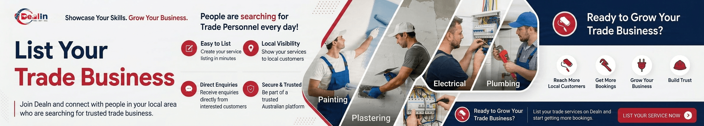 List your trade business (painting, plastering, electrical, plumbing) or find trusted trade professionals in Australia