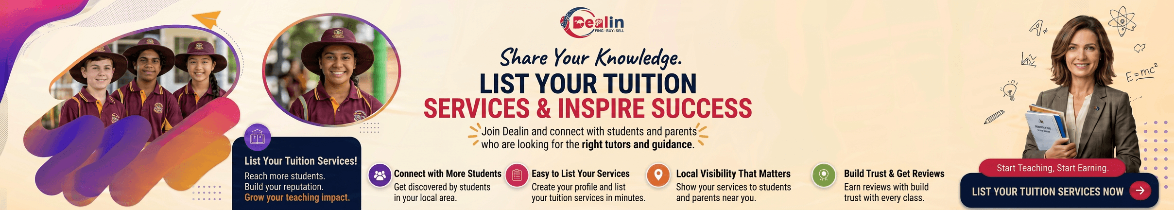 List your tuition services on Dealin to reach students and parents, or find trusted local tutors in Australia